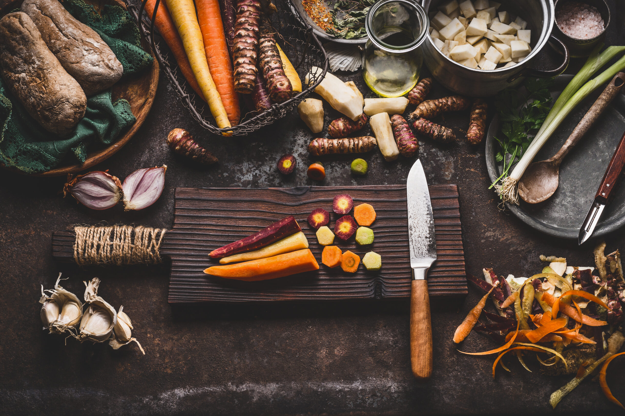 Colorful sliced carrots with knife on wooden cutting board on rustic kitchen table background with root vegetables ingredients for tasty vegetarian cooking, top view. Healthy and clean seasonal food